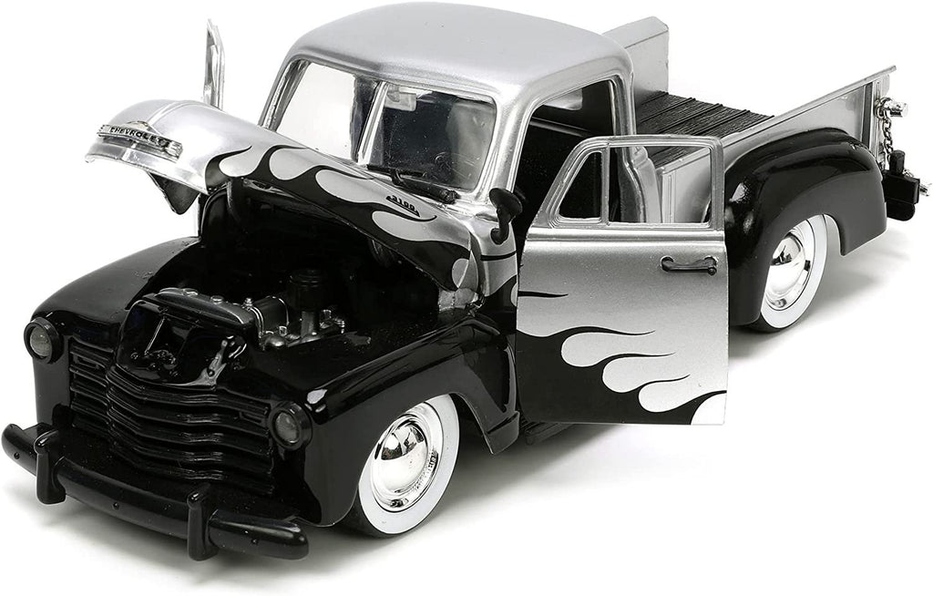 Jada Toys Just Trucks 1:24 1953 Chevy Pickup Die-cast Car Silver/Black Flames with Tire Rack, Toys for Kids and Adults