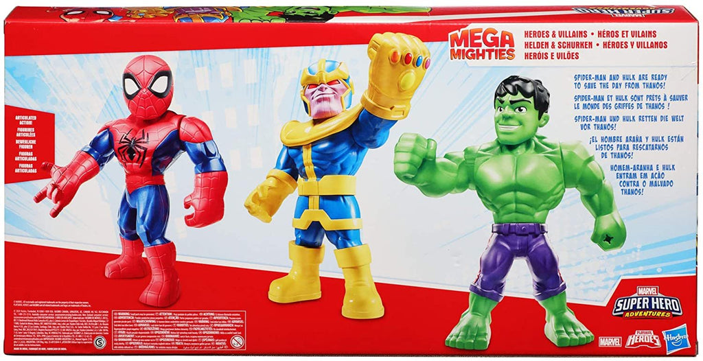 Playskool Heroes Marvel Super Hero Adventures Mega Mighties 25-cm Figure 3 Pack, Thanos, Spider-Man, Hulk Toys for Ages 3 and Up