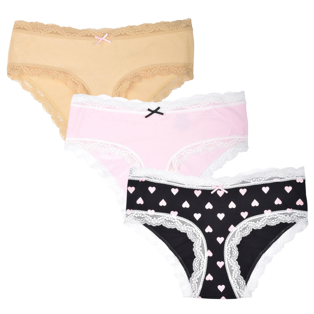 essie Women's Hipster Panties Lace Trim Rouched Back and Bow 3-Pack