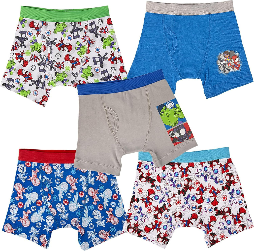 Marvel Boys' Toddler Spiderman and Superhero Friends 100% Combed Cotton Underwear Multipacks with Iron Man, Hulk & More, 5-Pack Boxer Brief Spidey Multi-Hero, 4T
