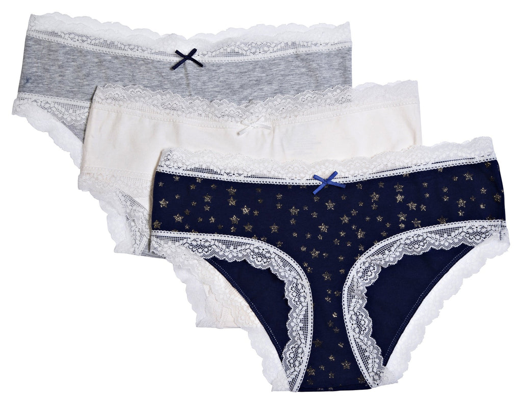 essie Women's Hipster Panties Lace Trim Rouched Back and Bow 3-Pack
