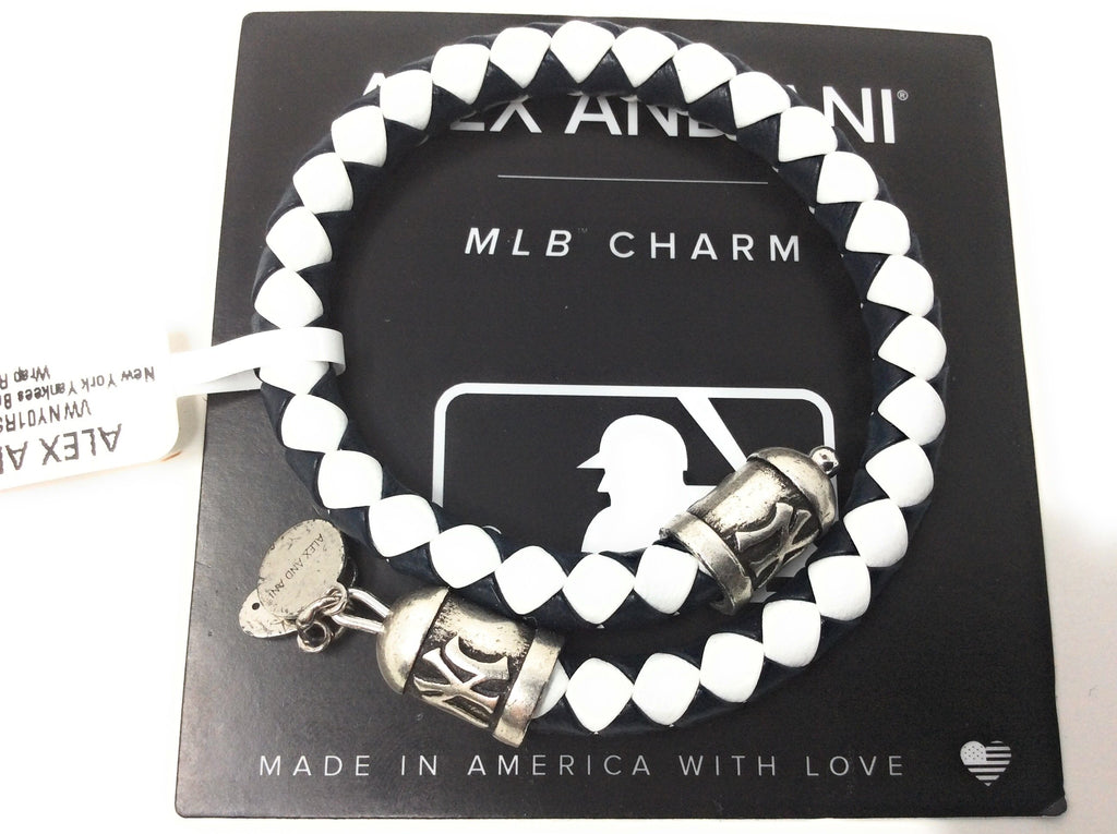 Alex and Ani Unisex New York Yankees Braided Leather Rafaelian Silver-Tone Wrap Bracelet