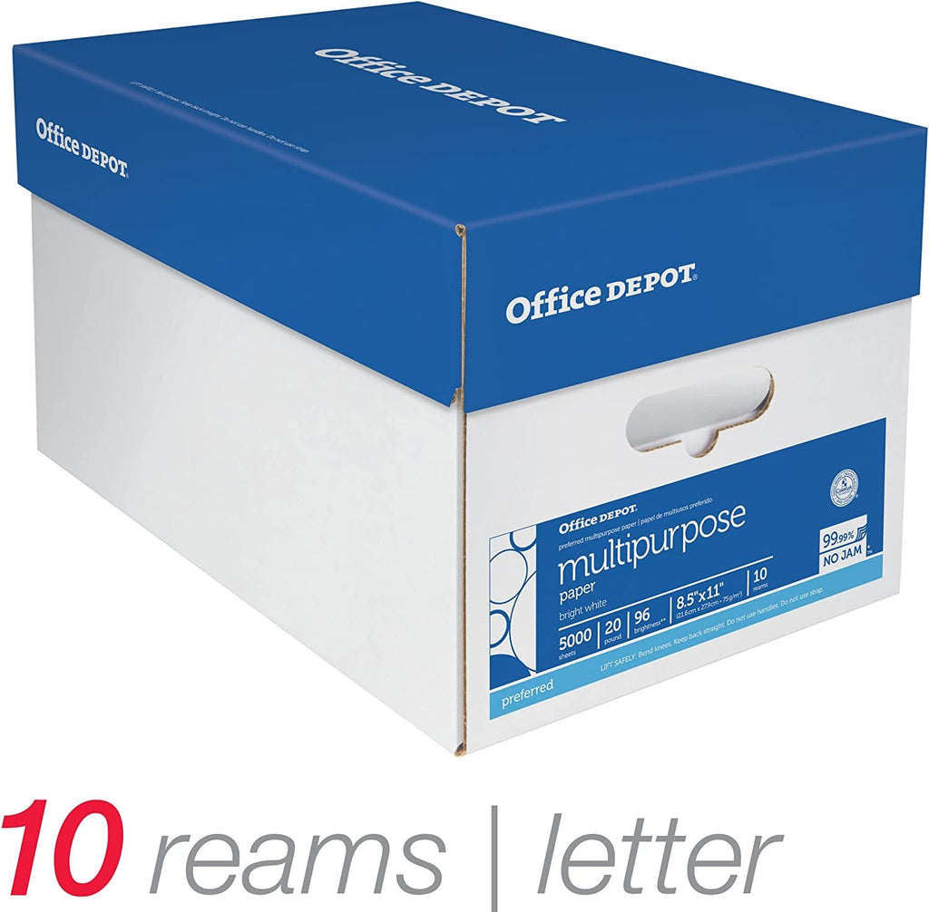 Office Depot® Brand Multi-Use Print & Copy Paper, Letter Size (8 1/2" x 11"), 96 (U.S.) Brightness, 20 Lb, White, 500 Sh