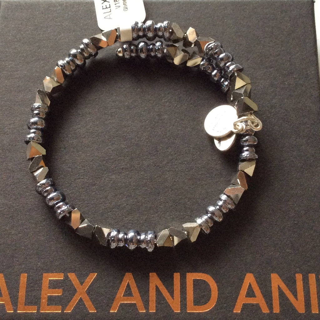 Alex and Ani Glimmer Wrap Bangle Bracelet Metallic Blue Tag Box Card