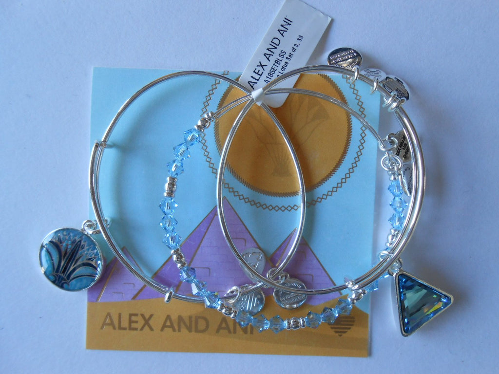 Alex and Ani Womens Blue Lotus Set of 3 Bangle Bracelet, Shiny Silver, Expandable