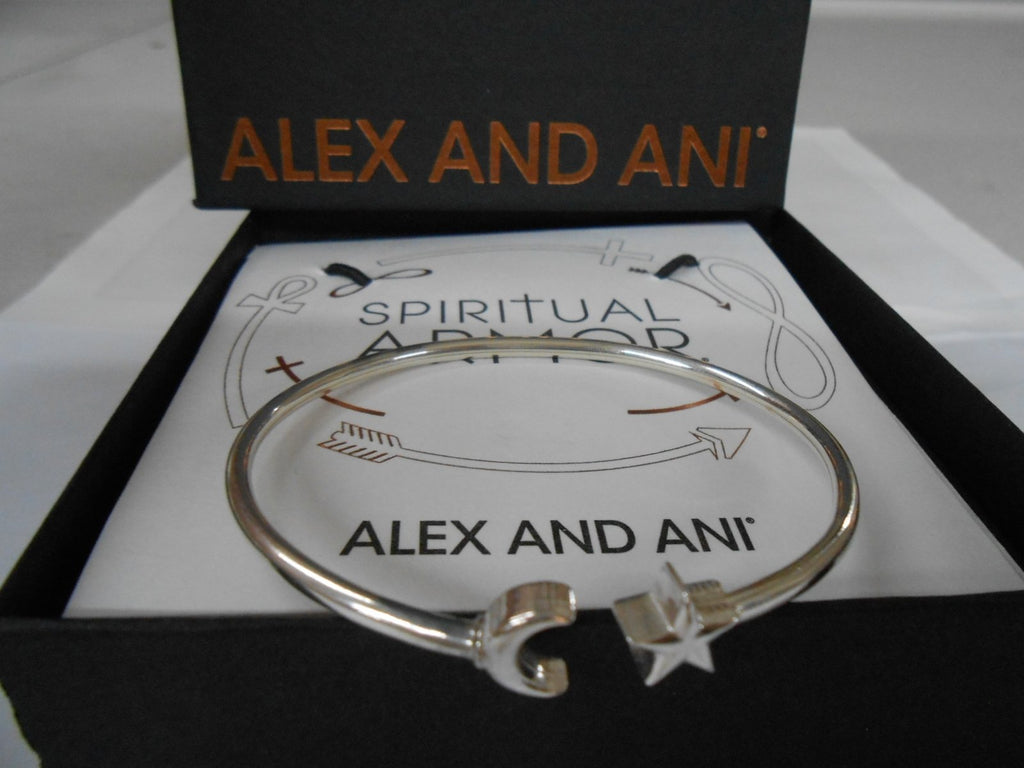 Alex and Ani Moon and Star Cuff Bracelet Shiny Silver With Tag Box Card