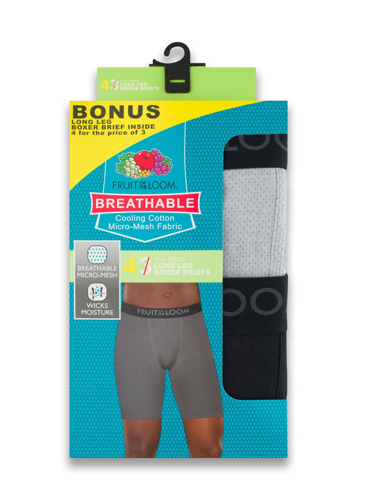 Fruit of the Loom Men's Boxer Briefs 4-PK Breathable Cotton Micro-Mesh Long Leg