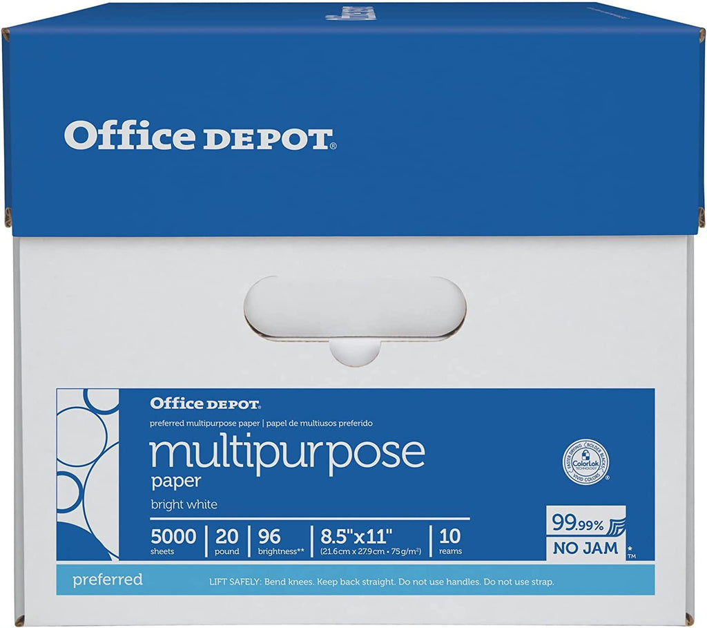 Office Depot® Brand Multi-Use Print & Copy Paper, Letter Size (8 1/2" x 11"), 96 (U.S.) Brightness, 20 Lb, White, 500 Sh