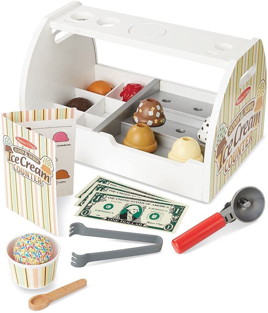 Melissa & Doug Wooden Scoop and Serve Ice Cream Counter (28 pcs) - Play Food and Accessories
