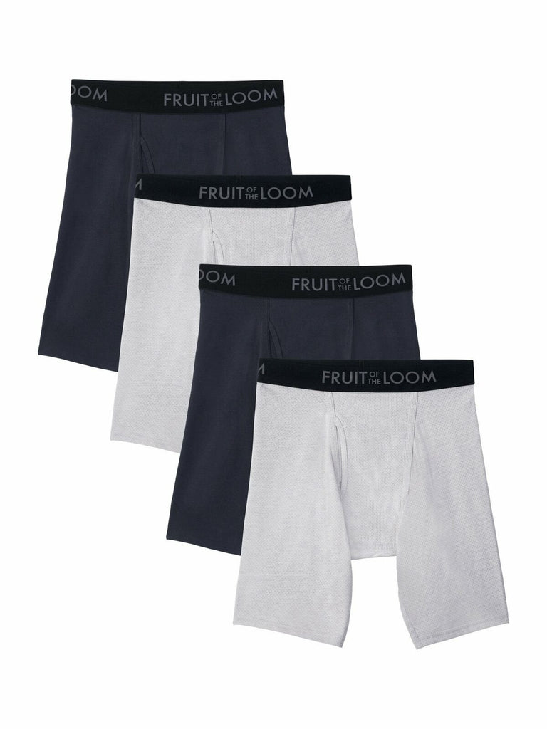 Fruit of the Loom Men's Boxer Briefs 4-PK Breathable Cotton Micro-Mesh Long Leg