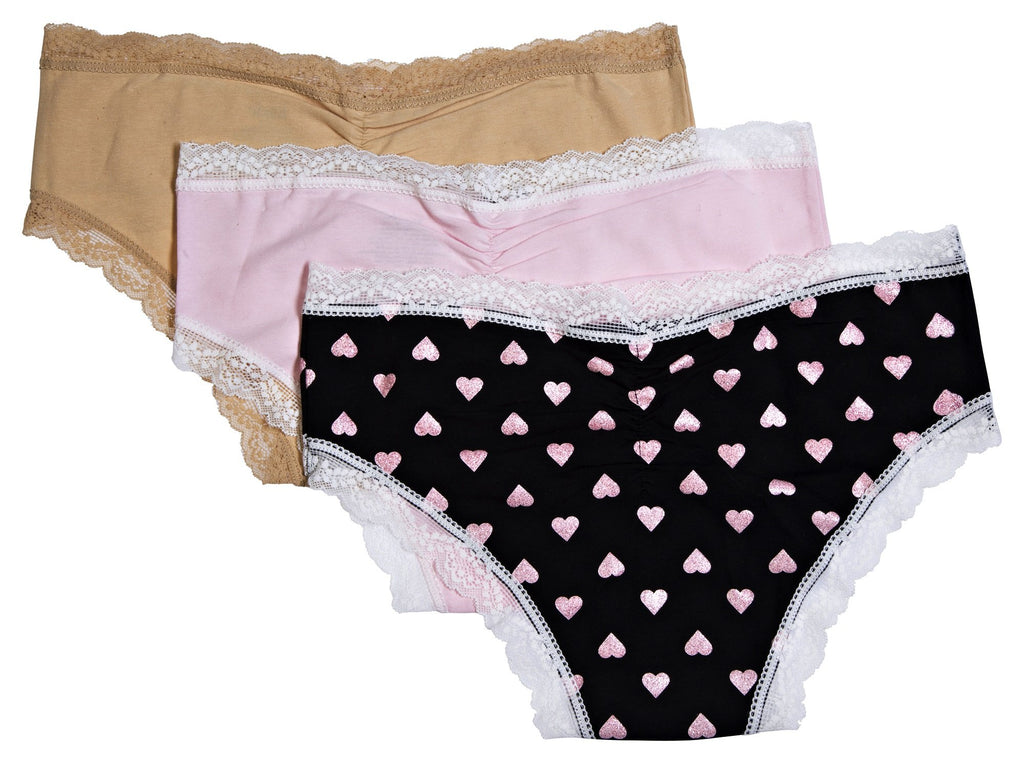 essie Women's Hipster Panties Lace Trim Rouched Back and Bow 3-Pack