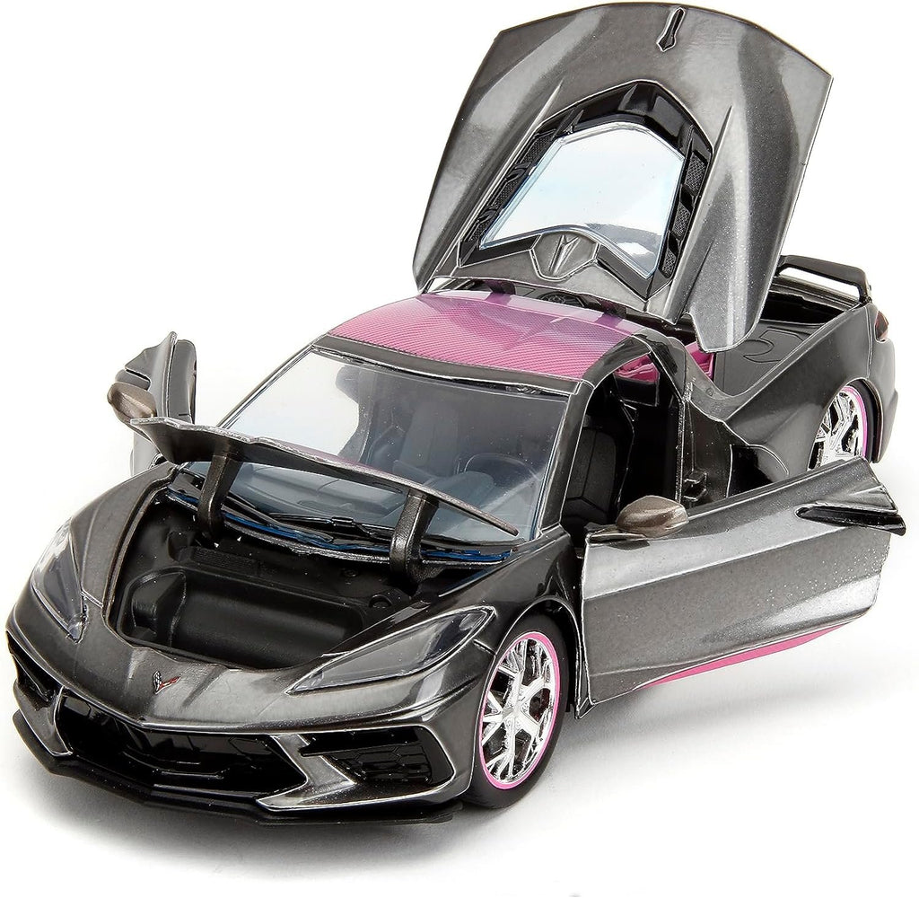 Pink Slips 1:24 2020 Chevy Corvette Stingray Die-Cast Car, Toys for Kids and Adults(Metallic Grey/Pink)