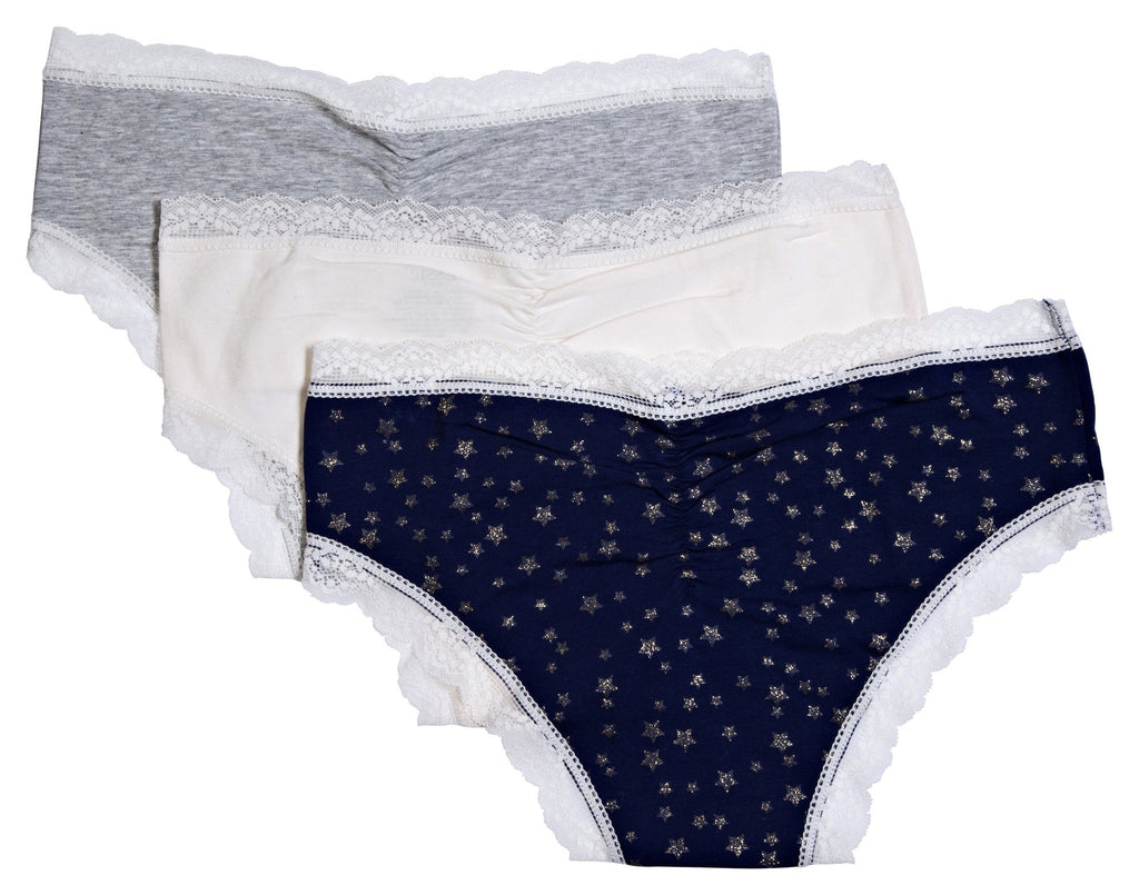 essie Women's Hipster Panties Lace Trim Rouched Back and Bow 3-Pack