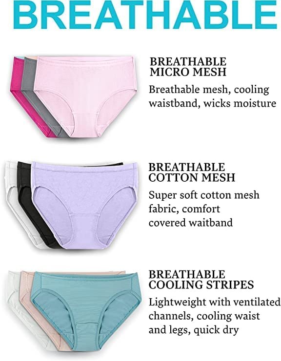 Fruit of the Loom Women's Underwear Breathable Tag Free Panties, Bikini, Brief, Hi-cut, Low Rise