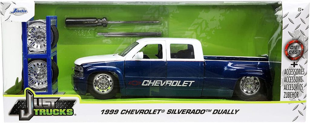 Jada Toys Just Trucks 1:24 1999 Chevy Silverado Dually Die-cast Car with Tire Rack, Toys for Kids and Adults