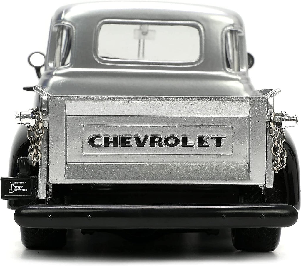 Jada Toys Just Trucks 1:24 1953 Chevy Pickup Die-cast Car Silver/Black Flames with Tire Rack, Toys for Kids and Adults