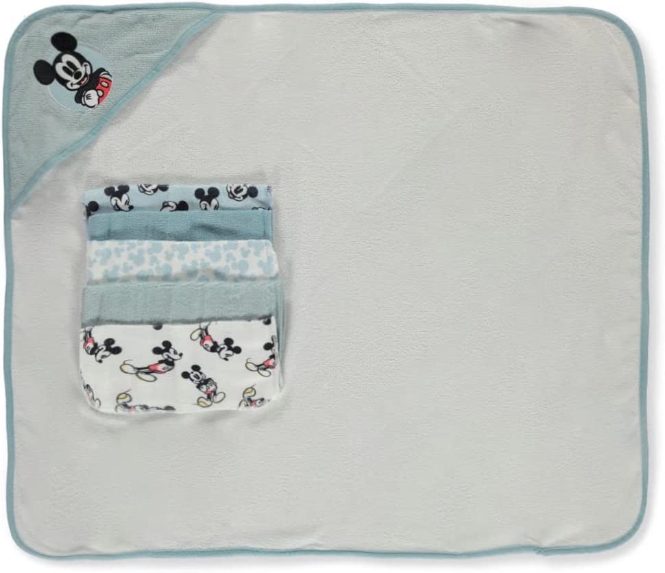 Cudlie Accessories Disney Baby Mickey Mouse Hooded Towel with 5 Piece Washcloth Set, Cool Style Print, GS71795 Blue one size