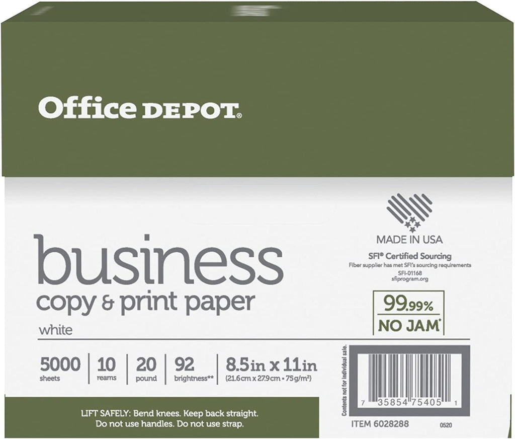 Office Depot® Brand Business Multi-Use Print & Copy Paper, Letter Size (8 1/2" x 11"), 92 (U.S.) Brightness, 20 Lb, Whit