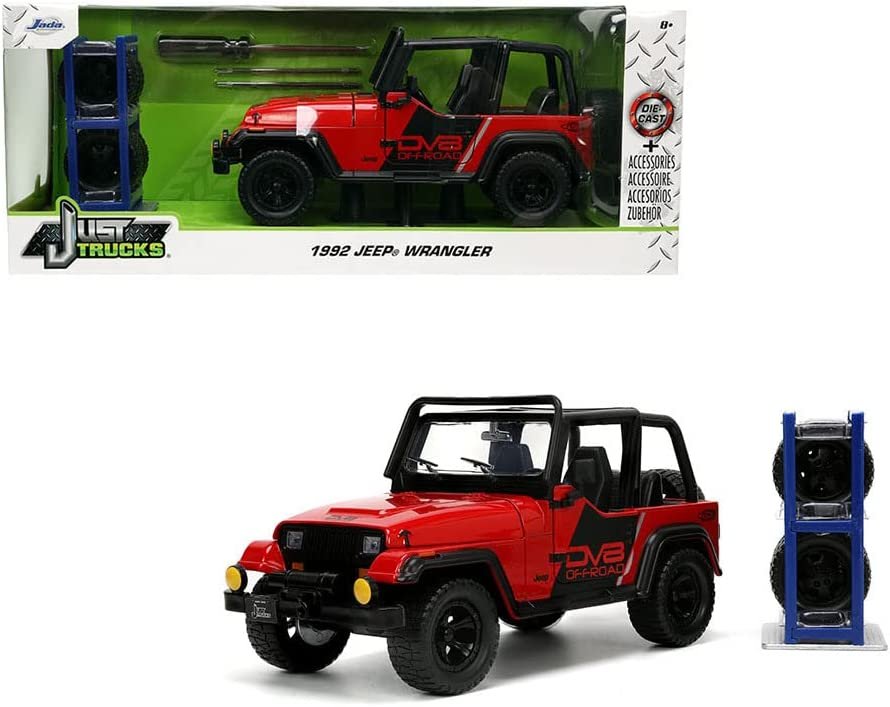 Jada Toys Just Trucks 1:24 1992 Jeep Wrangler Die-cast Car Red/Black with Tire Rack, Toys for Kids and Adults