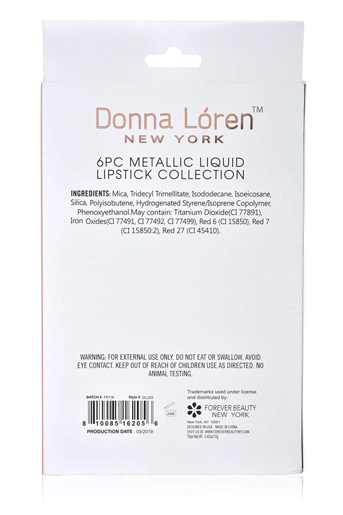Donna Loren Liquid Lipstick Collection- Matte or Metallic Premium Quality Cruelty-Free 6 Pack Value in Packaging