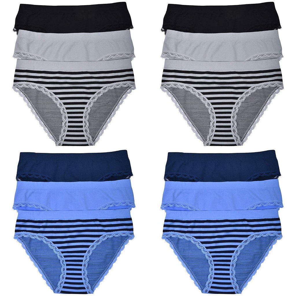 Elle Women's Seamless Bikinis Panties with Lace - 12-Pack Premium Quality Nylon/Spandex