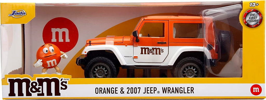 M&M's 1:24 2007 Jeep Wrangler Die-cast Car & 2.75" Orange Figure, Toys for Kids and Adults