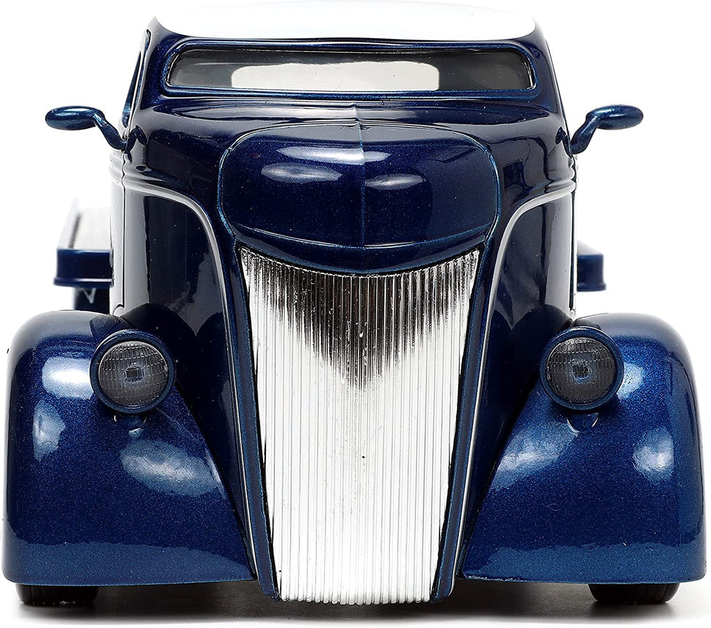 Jada Toys Just Trucks 1:24 1947 Ford COE Flatbed Die-cast Car Dark Blue/White with Tire Rack, Toys for Kids and Adults