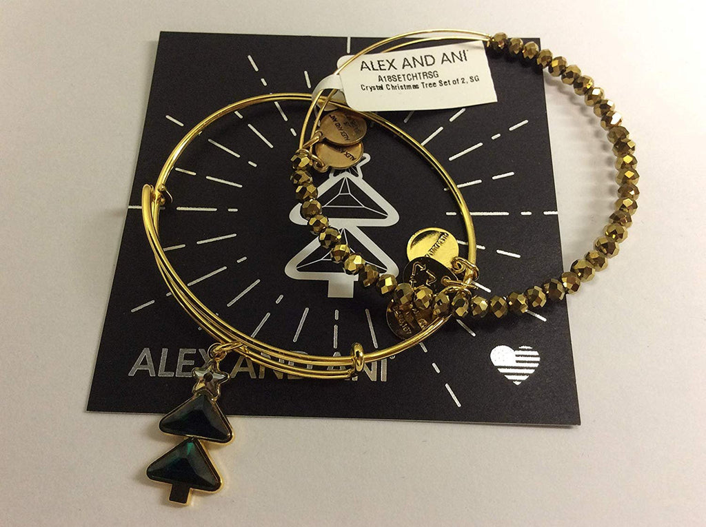Alex and Ani Crystal Christmas Tree Set of 2 Bangle Bracelet Shiny Gold NWTBC