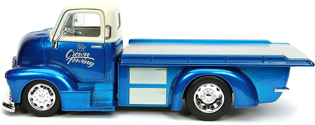 1952 Chevy COE Flatbed Tow Truck Crown Towing Candy Blue and Cream with Extra Wheels Just Trucks Series 1/24 Diecast Model Car by Jada 32708