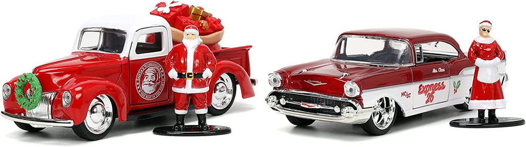 Jada Toys Holiday Rides 1:32 1941 Ford Pickup & 1957 Chevy Bel-Air Die-cast Car with 1.65” Santa Claus & Mrs. Santa Claus Figure, Toys for Kids and Adults