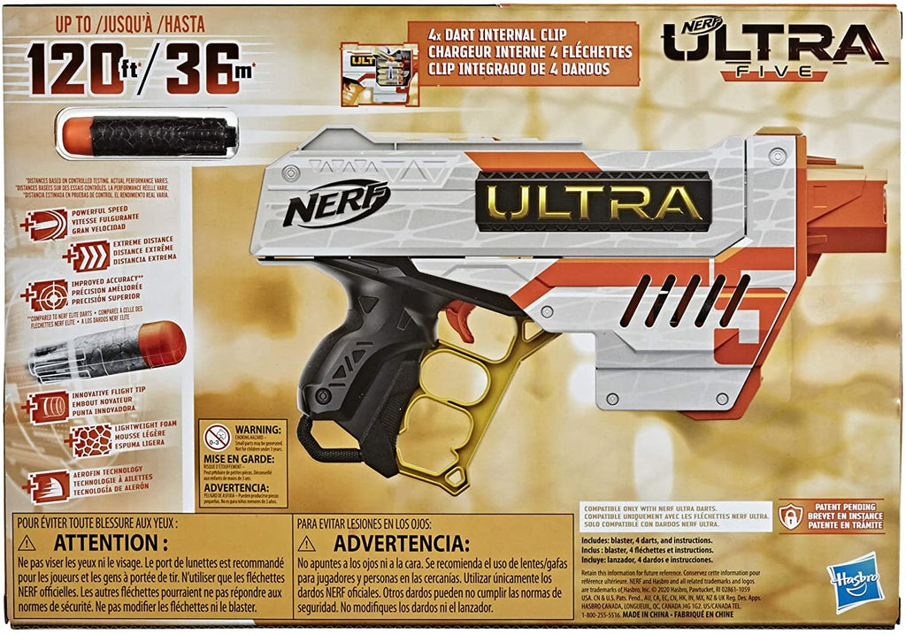 NERF Ultra Five Blaster -- 4-Dart Internal Clip, 4 Ultra Darts, Dart Storage -- Compatible Only Ultra Darts