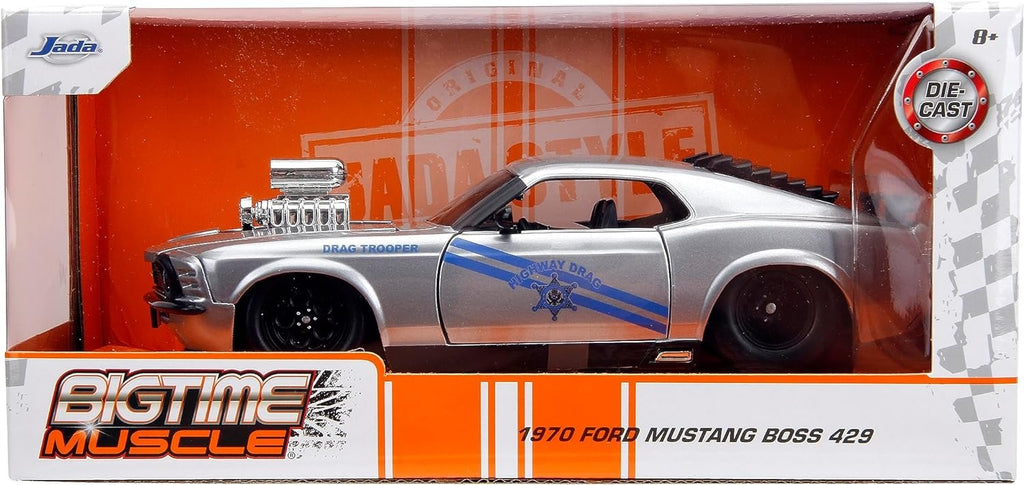 Big Time Muscle 1:24 1970 Ford Mustang Boss 429 Die-Cast Car, Toys for Kids and Adults(Silver/Blue Stripes)