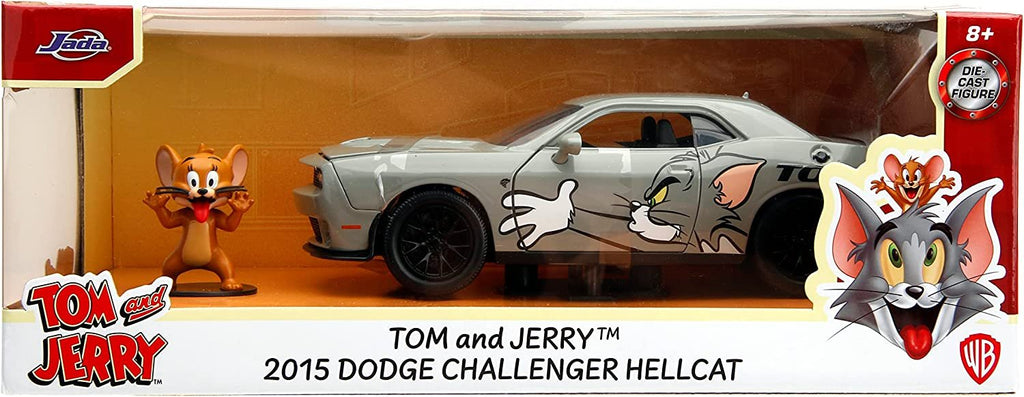 Jada Toys Tom and Jerry 1:24 2015 Dodge Challenger Hellcat Die-cast Car w/ 2.75" Jerry Figure, Toys for Kids and Adults