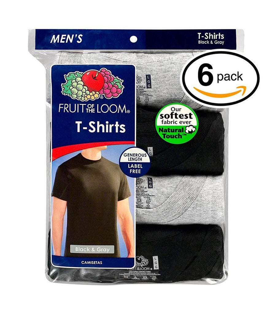 Fruit of the Loom Men's Stay Tucked Crew T-Shirt - X-Large Tall / 46-48 Chest - Black & Grey Stay Tucked (Pack of 6)