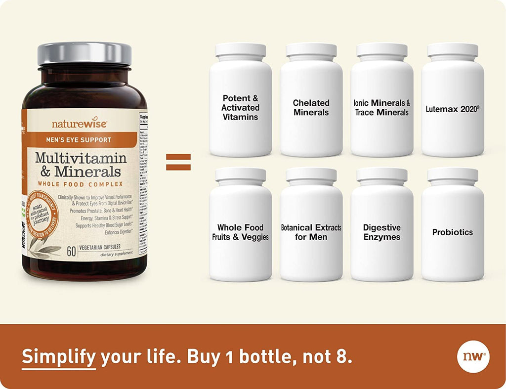 NatureWise Men's Eye Support Whole Food Multivitamin for Eye Health, Blue Light Defense with Balanced B Complex Vitamins, Lutemax 2020, Zeaxanthin (Packaging May Vary) [1 Month Supply - 60 Capsules]