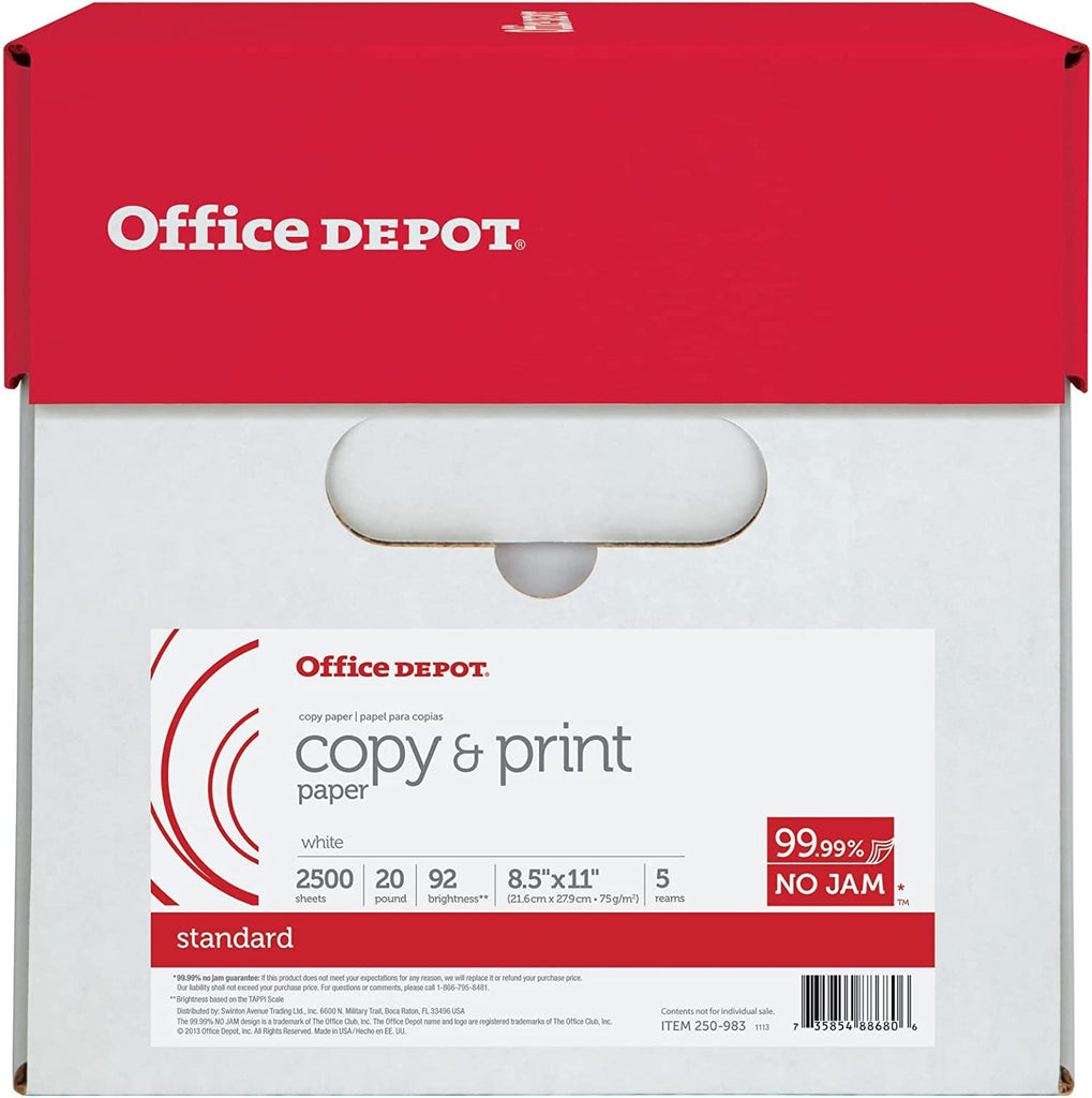 Office Depot Copy Print Paper, 8 1/2in. x 11in., 20 Lb, 500 Sheets Per Ream, Case Of 5 Reams, 851201CS