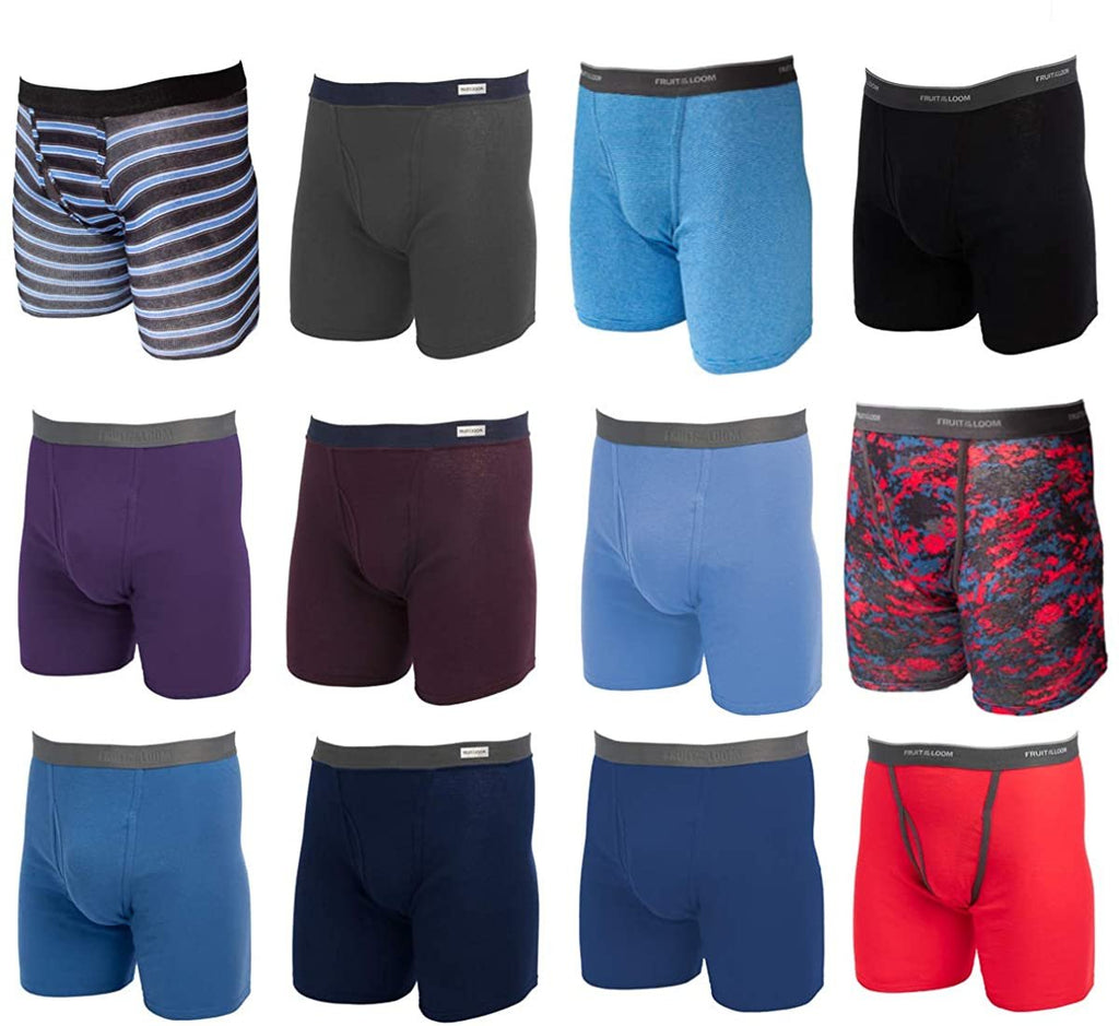Fruit of the Loom, 12 Pack Random, Mens Underwear, Underwear for Men, Cotton Underwear, Boxer Briefs with Fly, Tag Free Blue