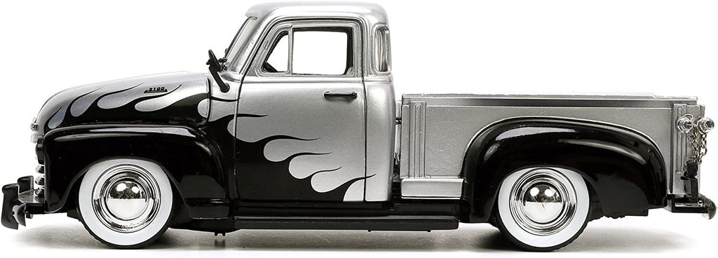 Jada Toys Just Trucks 1:24 1953 Chevy Pickup Die-cast Car Silver/Black Flames with Tire Rack, Toys for Kids and Adults