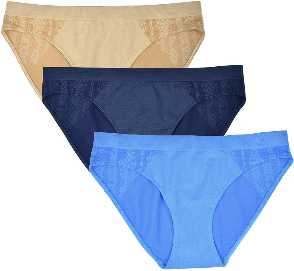 Elle Women's Seamless Bikini Panties Jacquard 3-Pack Polyester/Nylon/Spandex