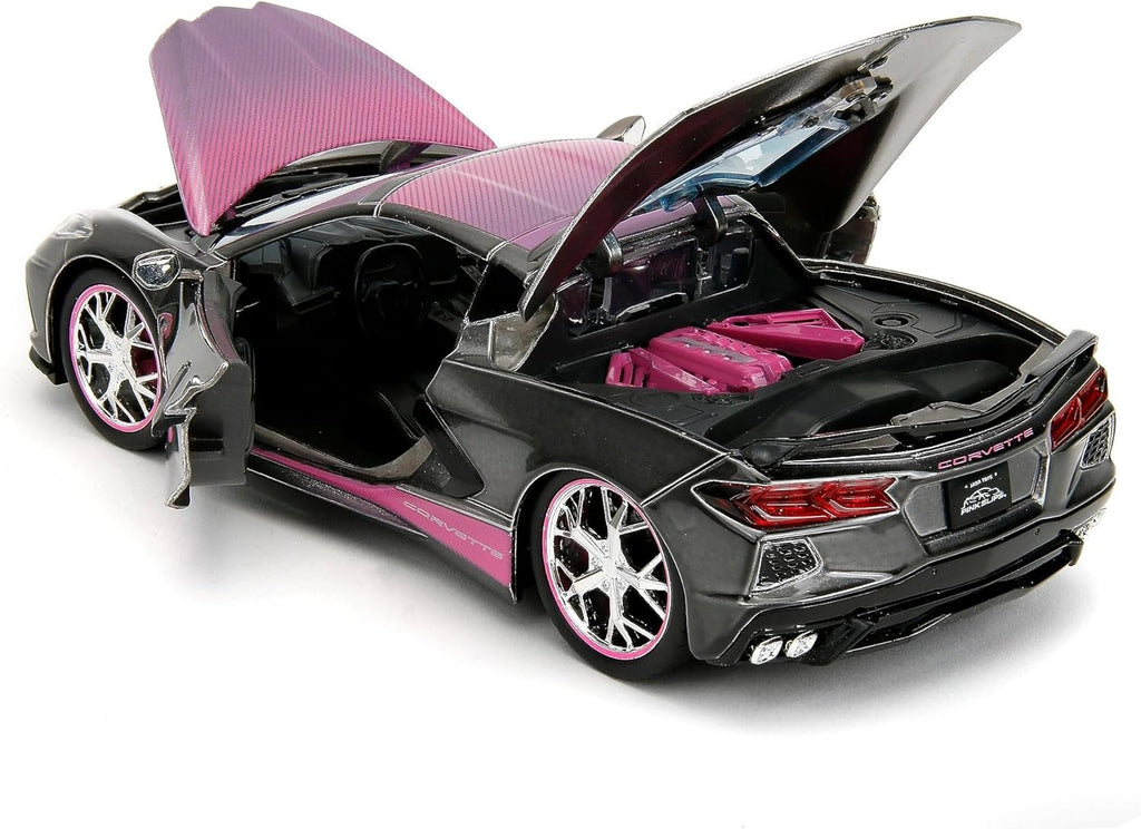 Pink Slips 1:24 2020 Chevy Corvette Stingray Die-Cast Car, Toys for Kids and Adults(Metallic Grey/Pink)