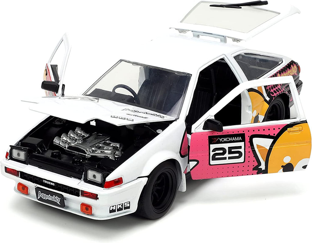 Jada Toys Sanrio 1:24 1986 Toyota Trueno (AE86) Die-cast Car & Aggretsuko️ Figure, Toys for Kids and Adults (33725)