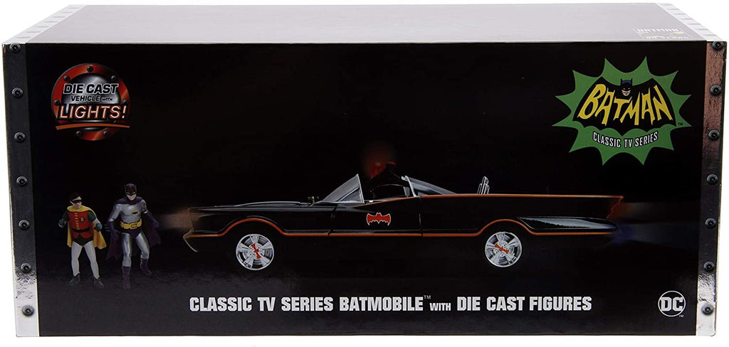 Jada 98625 DC Comics Classic TV Series Batmobile Die-cast Car, 1:18 Scale Vehicle & 3" Batman & Robin Collectible Figurine 100% Metal, Black