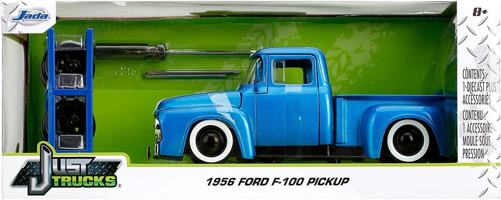 Just Trucks 1:24 1956 Ford F-100 Die-cast Car Blue/White Stripes with Tire Rack, Toys for Kids and Adults