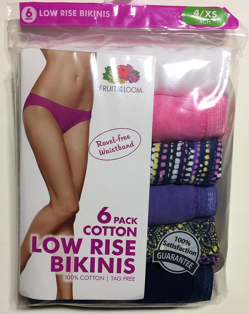 Fruit of the Loom Women's 6 Pack Assorted Cotton Low-Rise Bikini Panties