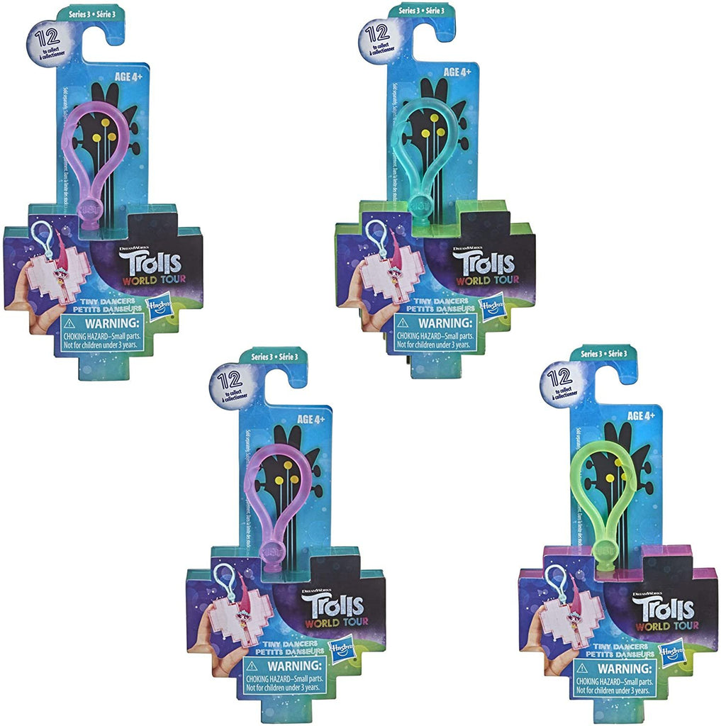 Trolls DreamWorks World Tour Tiny Dancers Surprise 4-Pack Series 3, Tiny Dancers Dolls, Clips, Rings, and Glasses, Toy for Kids 4 and Up
