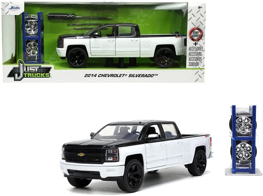 Jada Toys Just Trucks 1:24 2014 Chevy Silverado Z-71 Die-cast Car Black/White with Tire Rack, Toys for Kids and Adults