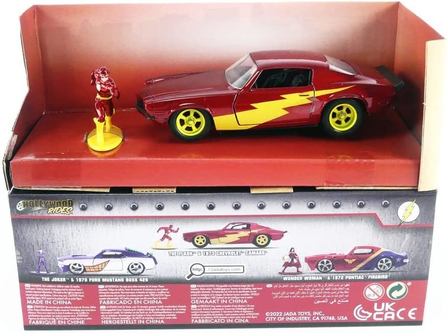Jada Toys DC Comics 1:32 1973 Chevy Camaro Die-cast Car with The Flash Die-cast Figure, Toys for Kids and Adults , Red