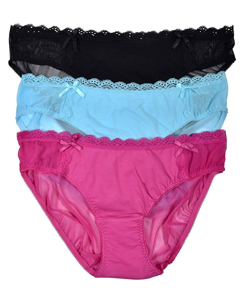 Elle Women's Bikinis Panties - 6-Pack Cotton/Spandex Bikini Lace Waistband Mesh Sides