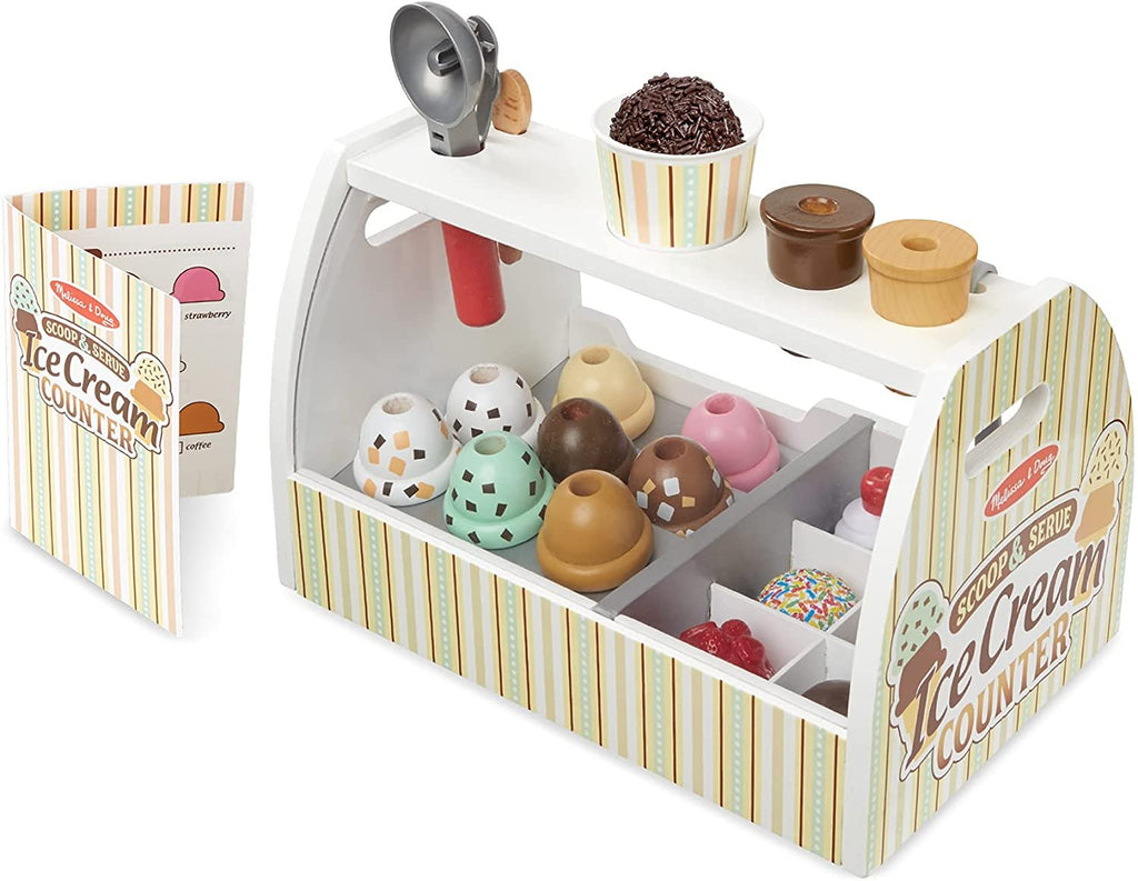 Melissa & Doug Wooden Scoop and Serve Ice Cream Counter (28 pcs) - Play Food and Accessories