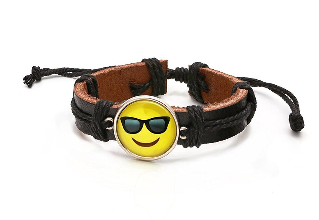 Leather Adjustable Shades Emoji Bracelet, Black
